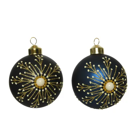 Boule de Noël Decoris verre noir/bleu motifs flocons 1pièce