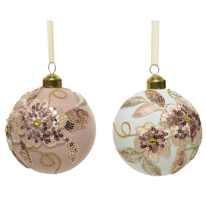 Decoris kerstbal bloem glas wit-roze 8cm diversen 3 stuks