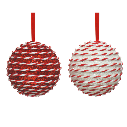 Decoris kerstbal rood/wit met glitter Ø10cm 1st