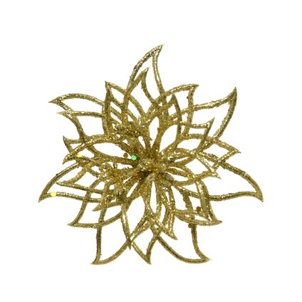 Poinsettia sur clip Decoris plastique doré 14cm