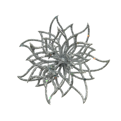 Poinsettia sur clips Decoris plastique argenté 14cm