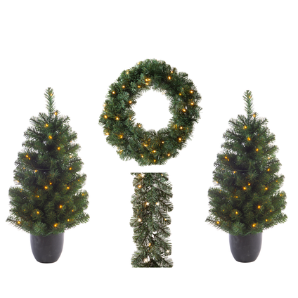 Decoris voordeurset 2x mini kunstkerstboom met verlichting 90cm + krans en slinger