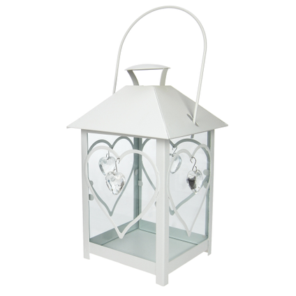 Metal lantern 20cm white with hearts and chain