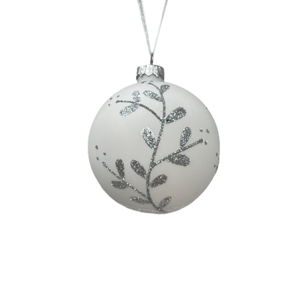 Boule de Noël Central Park blanc/argent motifs feuilles Ø8cm