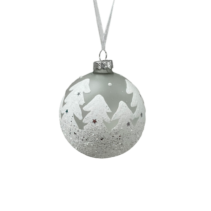 Boule de Noël Central Park blanc/argent motifs sapins Ø8cm