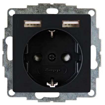 Kopp wandcontactdoos Athenis met randaarde + USB dubbel zwart mat