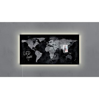 Sigel glasmagneetbord Artverum ledverlichting 910x460x15mm wereldkaart met 3 magneten