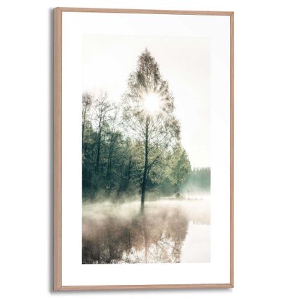 Schilderij Zon door de bomen  Landschap - Natuur - Zon - Weerspiegeling - Slim Frame 20 x 30 cm MDF Groen