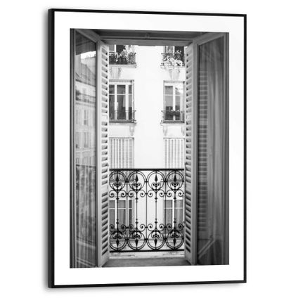 Schilderij Frans Balkon Frankrijk - Straat - Vintage  - Slim Frame 30 x 40 cm MDF Zwart-Wit