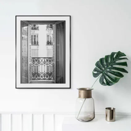 Schilderij Frans Balkon Frankrijk - Straat - Vintage  - Slim Frame 30 x 40 cm MDF Zwart-Wit                                                                                                                                                                                                                                                                                                                                                                                                                                                                                                                                                                                                                                                                                                                                                                                                                                                                                                                                                                                                                                                                                                                                                                                                                                2