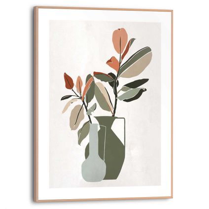 Schilderij Vaas met bloemen Abstract - Tekening - Bladeren - Takken  - Slim Frame 30 x 40 cm MDF Groen