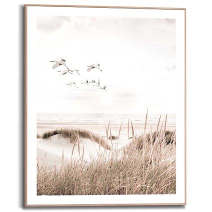 Schilderij Kraanvogels   Strand - Duinen - Vrijheid - Gras  - Slim Frame 40 x 50 cm MDF Zand