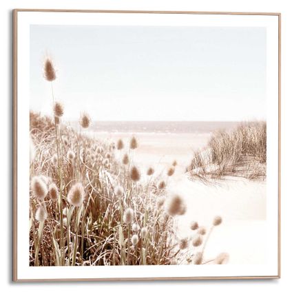 Schilderij Strand Helmgras - Zee - Rust  - Slim Frame 50 x 50 cm MDF Zand