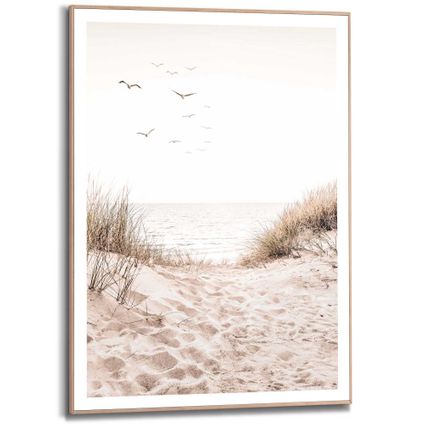 Schilderij Duinen  Strand - Gras - Voetstappen - Vrijheid - Vogels  - Slim Frame 50 x 70 cm MDF Zand