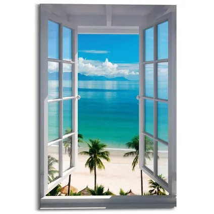 Schilderij Uitzicht over zee Zon - Strand - Tropisch - Deco Panel 60 x 90 cm Hout Blauw