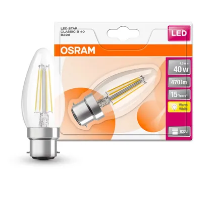 Osram Classic LED B22d Bougie Filament Claire 4W 470lm - 827 Blanc Très Chaud | Équivalent 40W 3