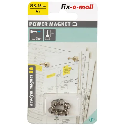 Fix-O-Moll magneet pion Neodym zilver 8x16mm 6 stuks 2