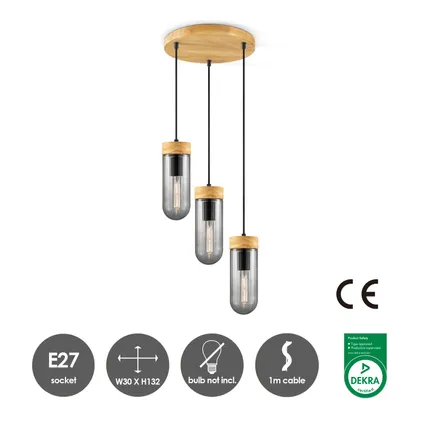 Home Sweet Home hanglamp Capri hout gerookt glas ⌀30cm 3xE27 7