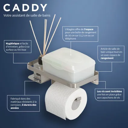 Porte-rouleau papier toilette avec étagère Tiger Caddy acier inoxydable brossé 8
