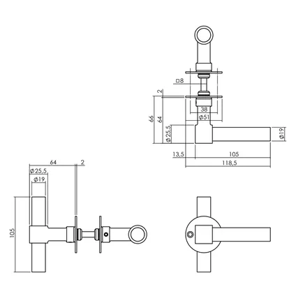 Intersteel deurklink L/T-model + ronde en vlakke rozet 50x2 mm geborsteld RVS 2