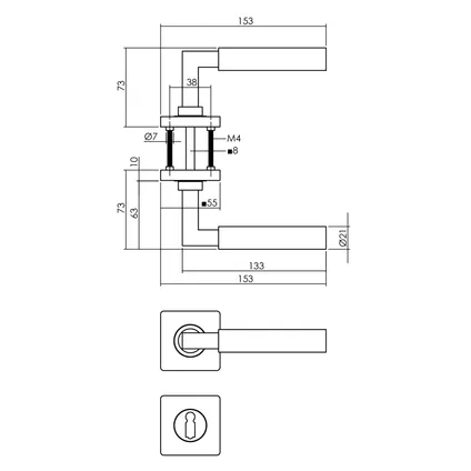 Intersteel deurklink op vierkante rozet met nokken Bau-stil 55x55x10mm met sleutelrozetten gepolijst messing PVD 2