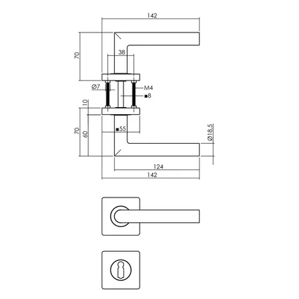 Poignée de porte Intersteel Bastian sur rosace carrée avec butées 55x55x10mm et rosaces à clé laiton poli PVD 2
