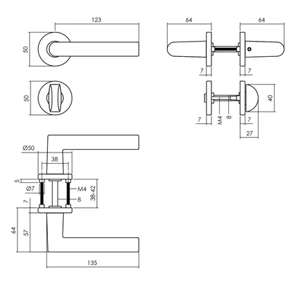 Intersteel deurklink op rozet Broome ø50x7mm + nokken 7mm met WC-slot met stang 8x8mm zwart 2