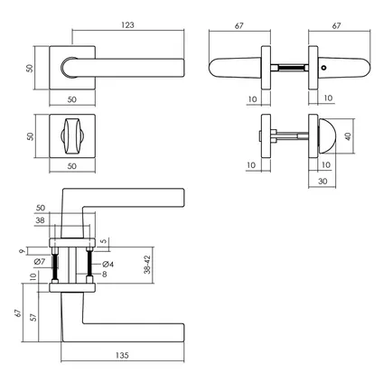 Intersteel deurklink op rozet Broome 50x50x10mm + nokken 7mm met WC-slot met stang 8x8mm zwart 2