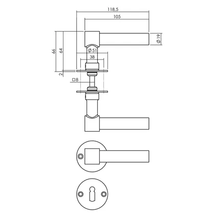 Poignée de porte Intersteel modèle L/L avec rosace ø50x2mm et rosaces à clé structure noire 2