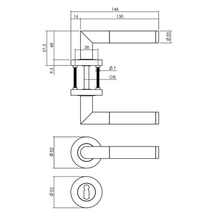 Intersteel deurklink op ronde rozet Bastian 52x10mm met nokken + sleutelrozetten mat zwart 2