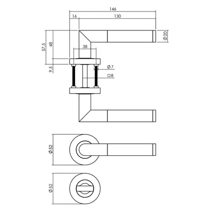 Poignée de porte Intersteel Bastian sur rosace ronde 52x10mm avec butées et serrure WC avec tige 8x8 mm noir mat 2