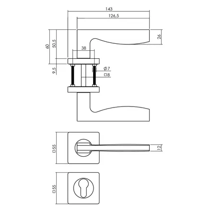 Poignée de porte Intersteel Apollo sur rosace carrée 55x55x10mm + butées avec rosaces à cylindre noir mat 2