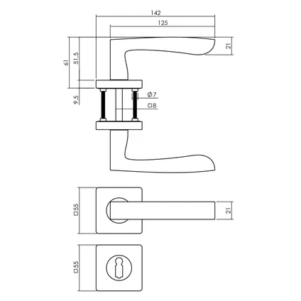 Intersteel deurklink op vierkante rozet Minos 55x55x10mm + nokken met sleutelrozetten zwart 2