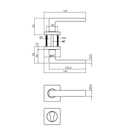 Intersteel deurklink op vierkante rozet, nokken 7mm + cilinderrozetten zwart mat 2