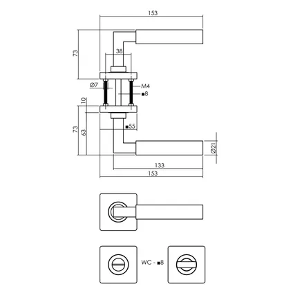 Intersteel deurklink op vierkante rozet Bau-Stil met nokken 55x55x10 mm en WC8 mm zwart 2