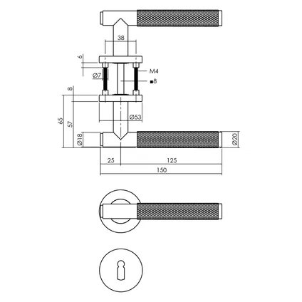 Intersteel deurklink Rombo op stalen rozet geveerd met nokken ø53x8 mm en sleutelrozet antracietgrijs RVS 2