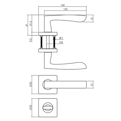Intersteel deurklink Minos op vierkante rozet met nokken 55x55x10 mm en WC-slot met stang 8x8 mm antracietgrijs 2