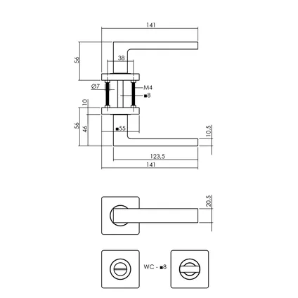 Intersteel deurklink Hera op vierkante rozet met nokken 55x55x10 mm en WC-slot met stang 8x8 mm antracietgrijs 2