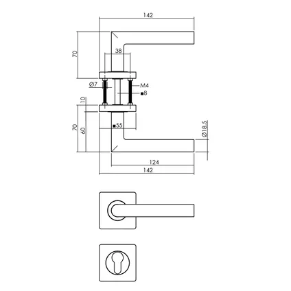Intersteel deurklink Bastian op vierkante rozet met nokken 55x55x10 mm en cilinderrozetten antracietgrijs 2