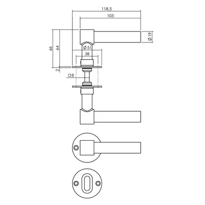 Intersteel deurklink L/L-model met rozet ø50x2 mm en WC-slot met RVS stang 8x8 mm 2