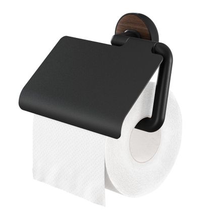 Tiger toiletrolhouder Noce met klep zwart/ houtlook