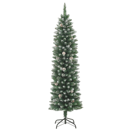 VidaXL kunstkerstboom sneeuw + dennenappels smal 150cm PVC
