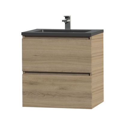 Ensemble meuble de salle de bain Tiger Loft 60cm avec 2 tiroirs chêne chalet avec lavabo Quadro noir mat