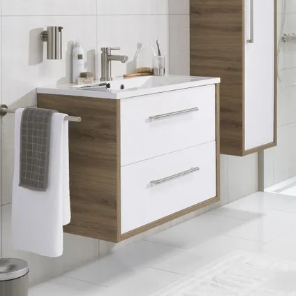 Ensemble meuble de salle de bain 80cm avec 2 tiroirs blanc brillant / chêne chalet avec lavabo Quadro blanc brillant 3