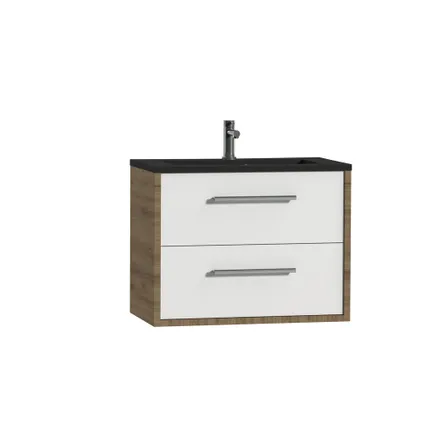 Ensemble meuble de salle de bain 80cm avec 2 tiroirs blanc brillant / chêne chalet avec lavabo Quadro noir mat 2