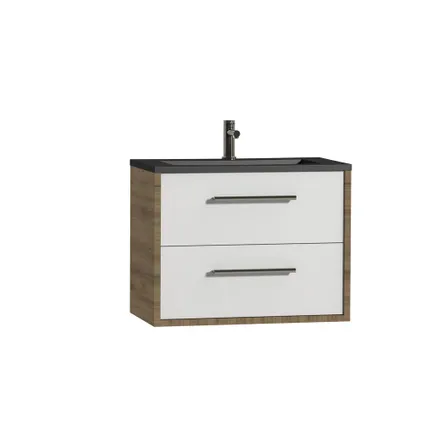 Ensemble meuble de salle de bain 80cm avec 2 tiroirs blanc brillant / chêne chalet avec lavabo Quadro noir mat 2