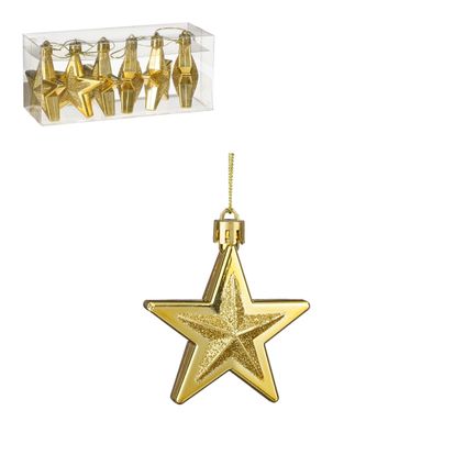 Kerstornament ster goud 6,5cm - 6 stuks