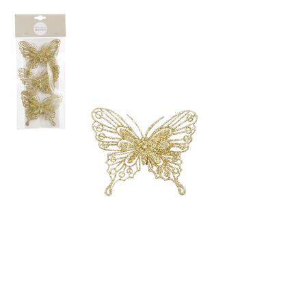 Kerstornament vlinder op clip goud 10cm - 3 stuks