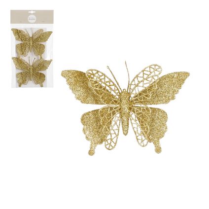 Kerstornament vlinder op clip goud 16cm - 2 stuks