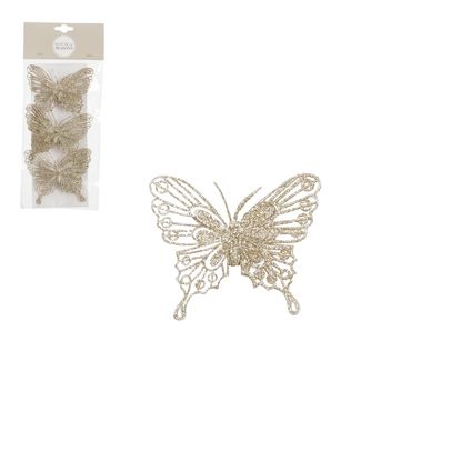 Kerstornament vlinder op clip champagne 10cm - 3 stuks